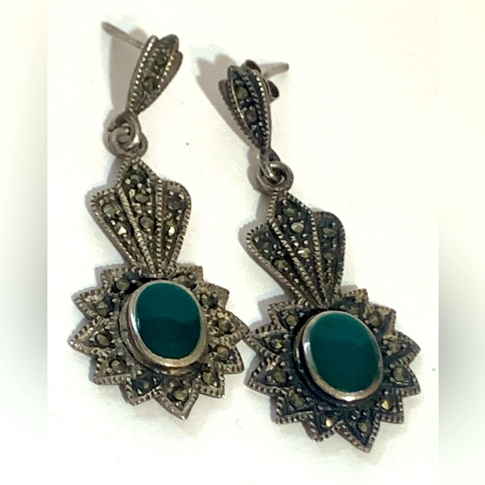 Vintage Art Deco Intricate Green and Silver Sunburst Earrings